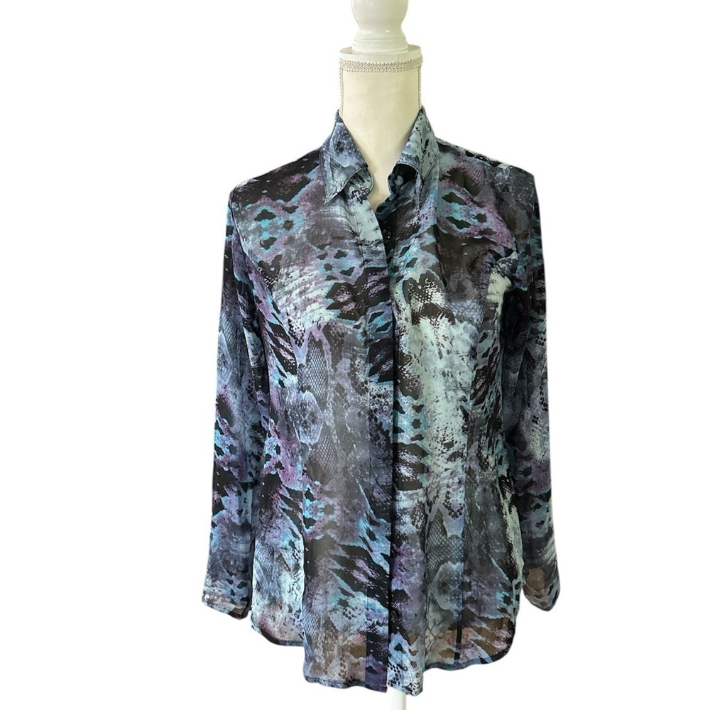 CAbi Women's Business Casual Blue and Purple Button-Down Top Size Small